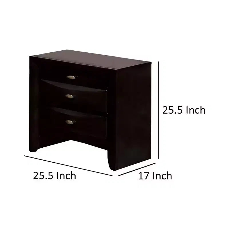 Table de chevet Simo Royal Hampton, Plateau spacieux, Poignées en métal, 3 tiroirs, Bois massif noir
