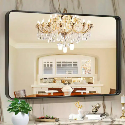 55x30 Inch Black Metal Frame Bathroom Wall Mirror, Decorative Rectangular, Wall Mounted, Corner Hangs, Home Decor for Multi-Scenes