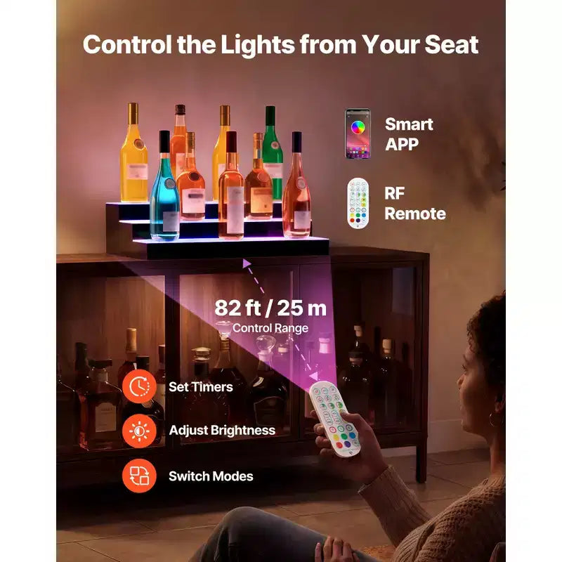 VEVOR Présentoir de Bouteilles Lumineux LED, 3 Niveaux 61 cm, Support USB, Présentoir d'Étagère de Bar Lumineux en Acrylique avec Télécommande RF et Contrôle par Application, Noir+Blanc