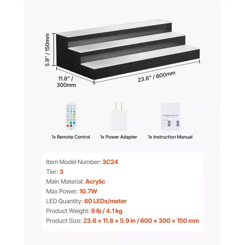 VEVOR Présentoir de Bouteilles Lumineux LED, 3 Niveaux 61 cm, Support USB, Présentoir d'Étagère de Bar Lumineux en Acrylique avec Télécommande RF et Contrôle par Application, Noir+Blanc