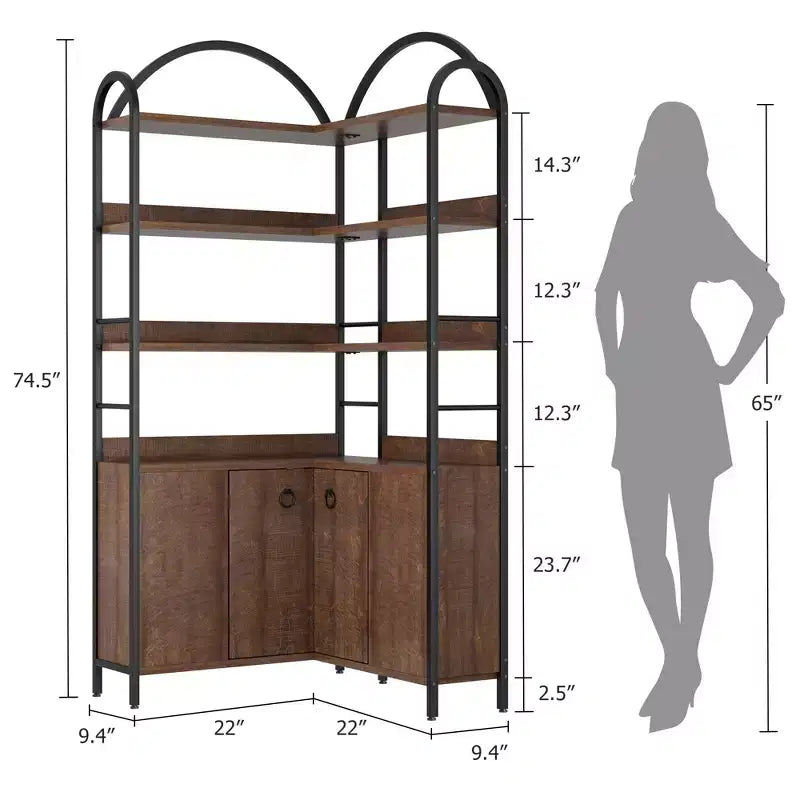 Étagère d'angle Garvee avec rangement, bibliothèque d'angle de 189 cm avec armoire, bibliothèque en L cintrée à 6 niveaux avec cadre métallique pour salon et chambre