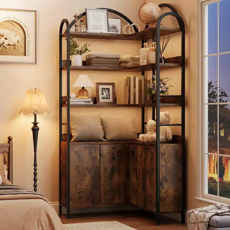 Étagère d'angle Garvee avec rangement, bibliothèque d'angle de 189 cm avec armoire, bibliothèque en L cintrée à 6 niveaux avec cadre métallique pour salon et chambre