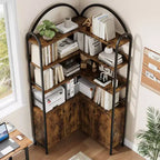 Étagère d'angle Garvee avec rangement, bibliothèque d'angle de 189 cm avec armoire, bibliothèque en L cintrée à 6 niveaux avec cadre métallique pour salon et chambre
