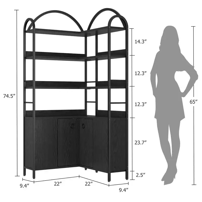 Étagère d'angle Garvee avec rangement, bibliothèque d'angle de 189 cm avec armoire, bibliothèque en L cintrée à 6 niveaux avec cadre métallique pour salon et chambre