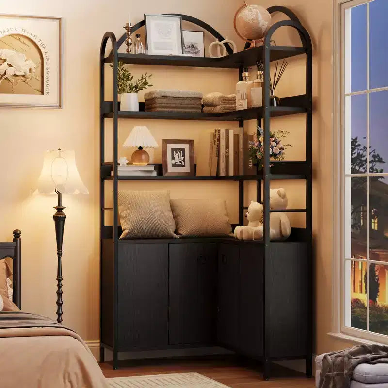 Étagère d'angle Garvee avec rangement, bibliothèque d'angle de 189 cm avec armoire, bibliothèque en L cintrée à 6 niveaux avec cadre métallique pour salon et chambre