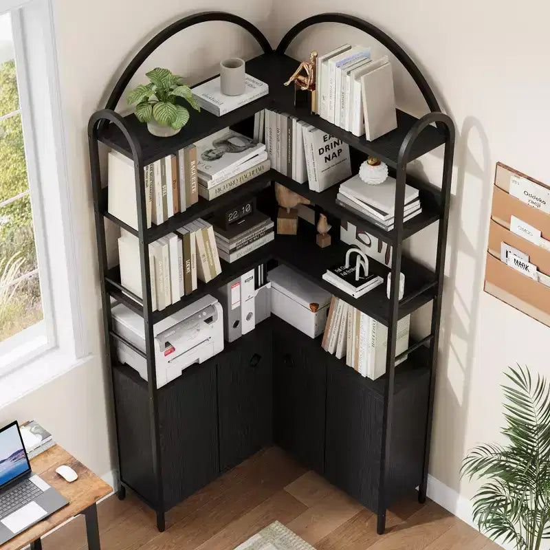 Étagère d'angle Garvee avec rangement, bibliothèque d'angle de 189 cm avec armoire, bibliothèque en L cintrée à 6 niveaux avec cadre métallique pour salon et chambre