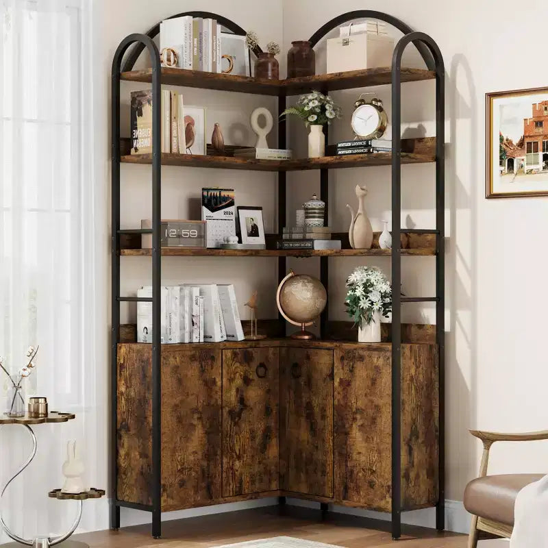 Étagère d'angle Garvee avec rangement, bibliothèque d'angle de 189 cm avec armoire, bibliothèque en L cintrée à 6 niveaux avec cadre métallique pour salon et chambre