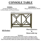 Table console de canapé Royal Hampton Agas 41 pouces, plateau en véritable marbre blanc, structure géométrique en bois de manguier gris cendre sablé et lavé