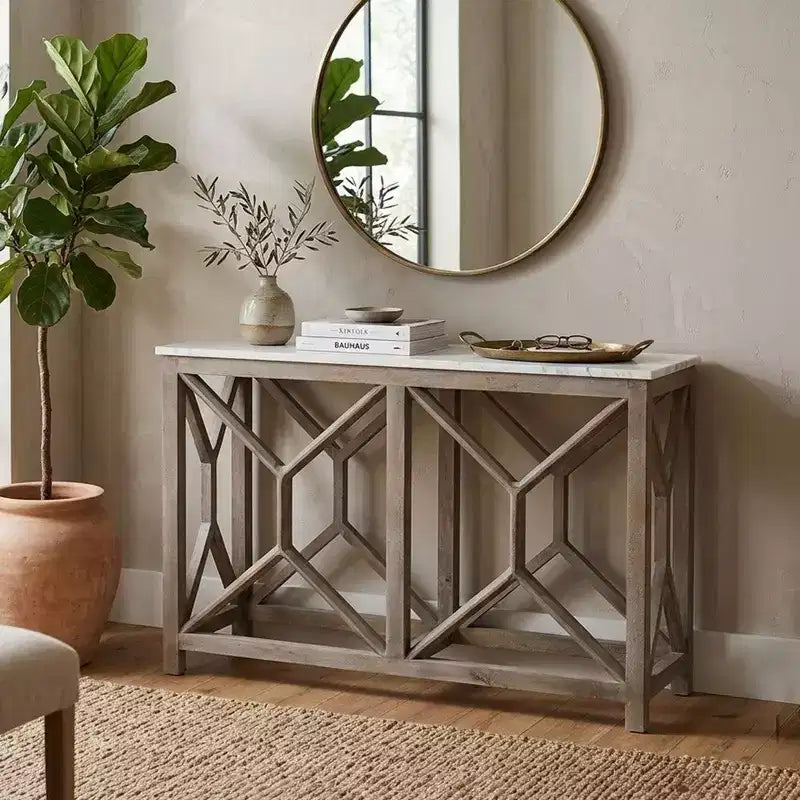 Table console de canapé Royal Hampton Agas 41 pouces, plateau en véritable marbre blanc, structure géométrique en bois de manguier gris cendre sablé et lavé