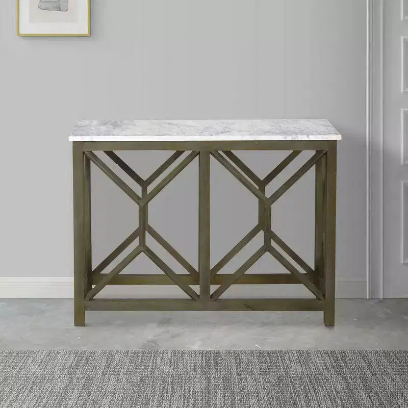 Table console de canapé Royal Hampton Agas 41 pouces, plateau en véritable marbre blanc, structure géométrique en bois de manguier gris cendre sablé et lavé