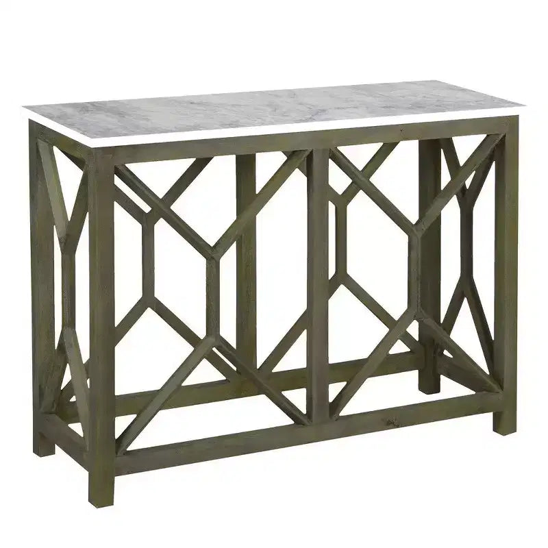 Table console de canapé Royal Hampton Agas 41 pouces, plateau en véritable marbre blanc, structure géométrique en bois de manguier gris cendre sablé et lavé