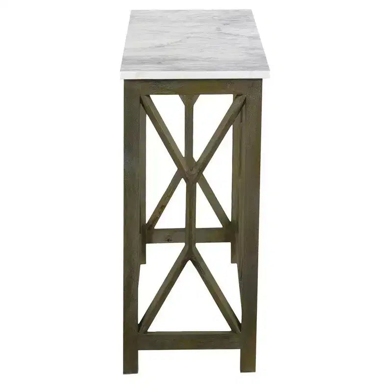Table console de canapé Royal Hampton Agas 41 pouces, plateau en véritable marbre blanc, structure géométrique en bois de manguier gris cendre sablé et lavé