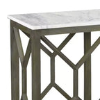 Table console de canapé Royal Hampton Agas 41 pouces, plateau en véritable marbre blanc, structure géométrique en bois de manguier gris cendre sablé et lavé