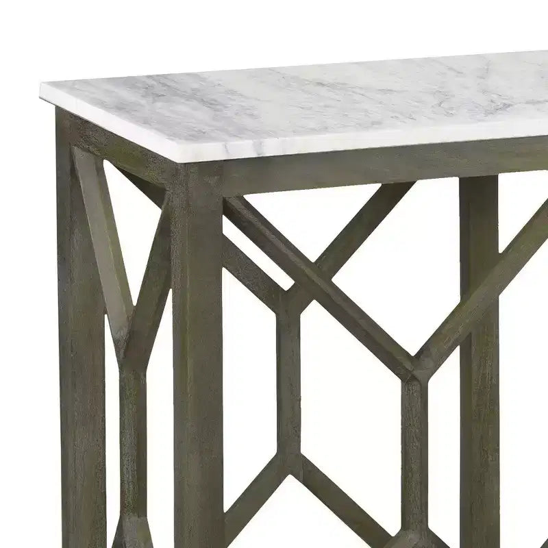 Table console de canapé Royal Hampton Agas 41 pouces, plateau en véritable marbre blanc, structure géométrique en bois de manguier gris cendre sablé et lavé
