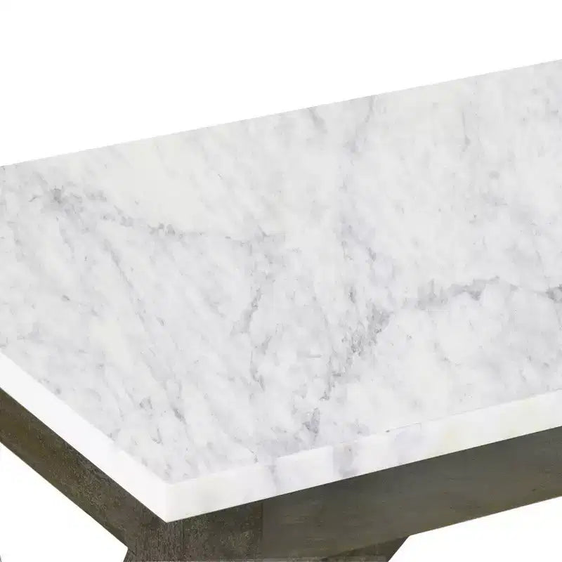 Table console de canapé Royal Hampton Agas 41 pouces, plateau en véritable marbre blanc, structure géométrique en bois de manguier gris cendre sablé et lavé