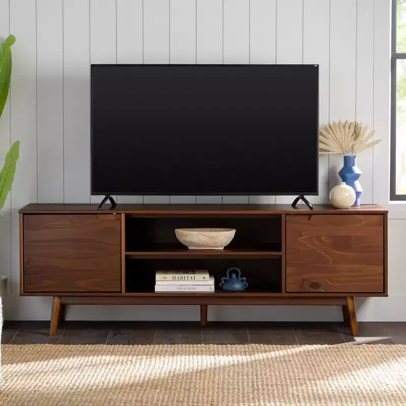Meuble TV Mid-Century Modern en bois massif pour téléviseurs jusqu'à 80 pouces