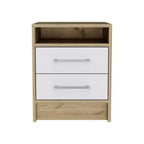 Avec son design épuré et moderne, cette table de chevet Eter, table d'appoint, table d'appoint supérieure, deux tiroirs - Blanc / Chêne clair offre un rangement pratique.