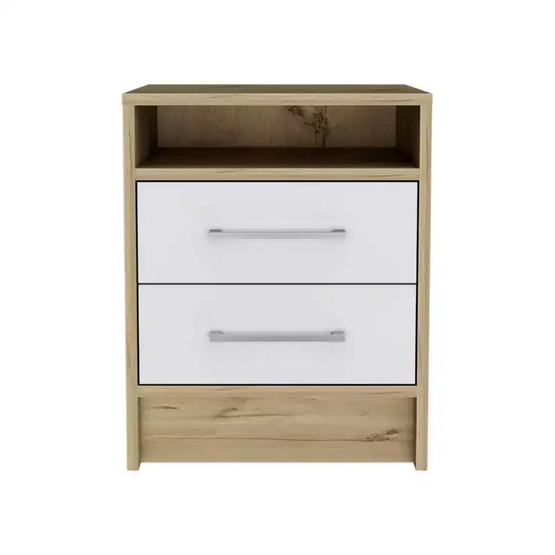 Avec son design épuré et moderne, cette table de chevet Eter, table d'appoint, table d'appoint supérieure, deux tiroirs - Blanc / Chêne clair offre un rangement pratique.