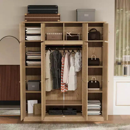 Armoire penderie grande capacité à 8 portes de 180 cm de haut avec tringle, étagères réglables et portes décoratives en rotin