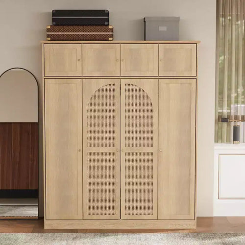 70.87Tall 8-Door Large Capacity Armoire Wardrobe Closet with Hanging Rod, Adjustable Shelves and Rattan Decorative Doors