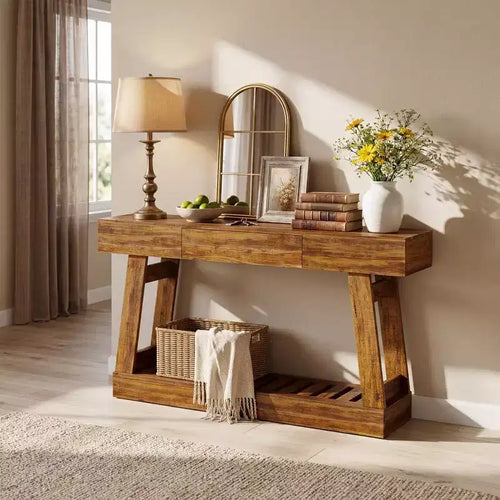 60 Narrow Console Table w/ Drawer & 2-Tier Slatted Shelf, Rustic Woodgrain Entryway Sofa Table, Sturdy Slim Storage for Hallway & Living Room