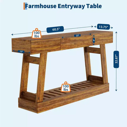 Console étroite de 60" avec tiroir et étagère à lattes à 2 niveaux, table d'entrée rustique en grain de bois, rangement mince et robuste pour couloir et salon
