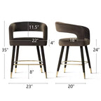 Tabouret de bar moderne en velours à hauteur de comptoir avec dossier, chaise de bar rembourrée de 24 po de hauteur d'assise avec repose-pieds doré, tabouret d'îlot de cuisine-Panipeachy