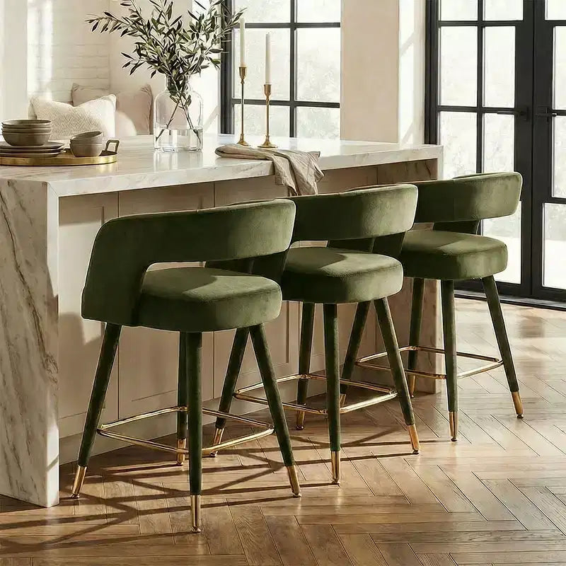 Tabouret de bar moderne en velours à hauteur de comptoir avec dossier, chaise de bar rembourrée de 24 po de hauteur d'assise avec repose-pieds doré, tabouret d'îlot de cuisine-Panipeachy