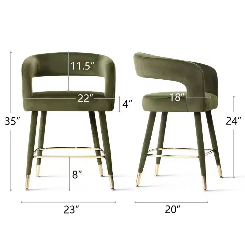 Tabouret de bar moderne en velours à hauteur de comptoir avec dossier, chaise de bar rembourrée de 24 po de hauteur d'assise avec repose-pieds doré, tabouret d'îlot de cuisine-Panipeachy