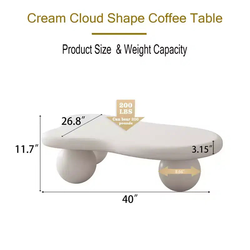 Table basse nuage 40 po avec pieds sphériques, table basse centrale moderne et irrégulière pour salon, blanc crème