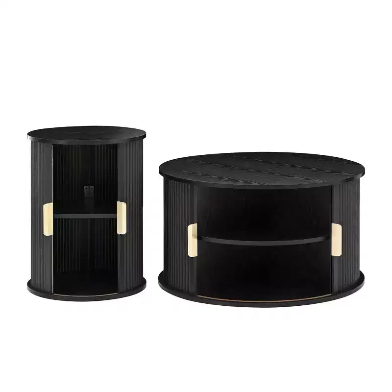 Ensemble de tables basses Mid-Century avec portes coulissantes à tambour, tables d'appoint rondes cannelées avec rangement pour salon, lot de 2, noir