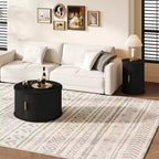 Ensemble de tables basses Mid-Century avec portes coulissantes à tambour, tables d'appoint rondes cannelées avec rangement pour salon, lot de 2, noir