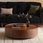 Table basse ronde Veridan GDFStudio à motif grain de bois avec base en anneau de fer