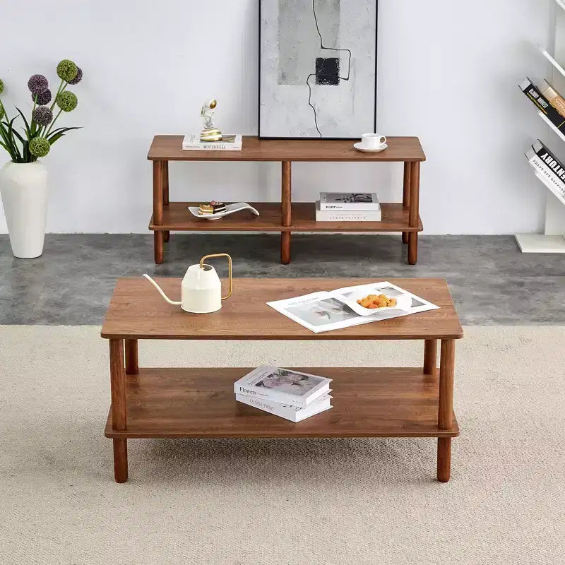 Fun little toys brand Table basse moderne à 2 niveaux pour salon, table basse rectangulaire avec étagère de rangement ouverte, en bois d'hévéa arrondi