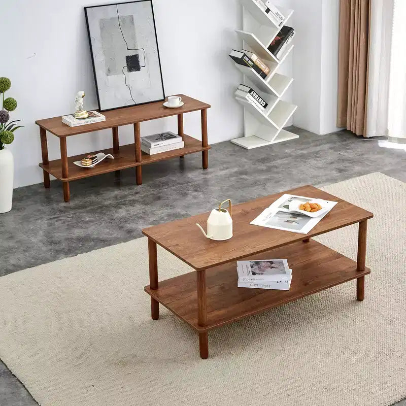 Fun little toys brand Table basse moderne à 2 niveaux pour salon, table basse rectangulaire avec étagère de rangement ouverte, en bois d'hévéa arrondi