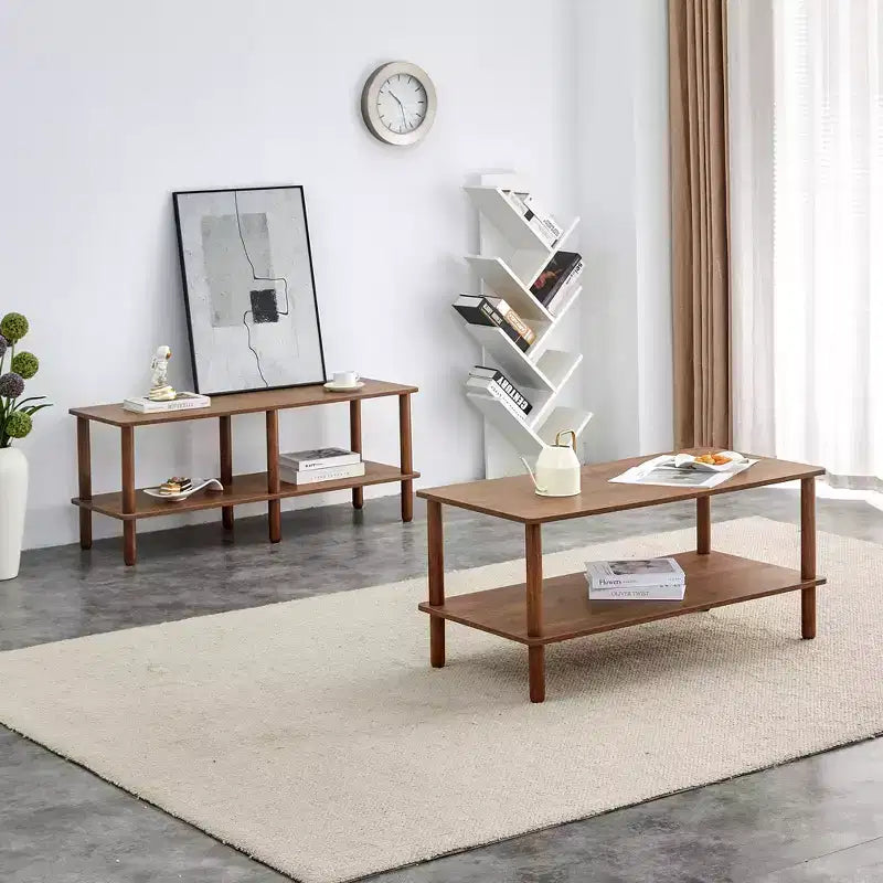 Fun little toys brand Table basse moderne à 2 niveaux pour salon, table basse rectangulaire avec étagère de rangement ouverte, en bois d'hévéa arrondi