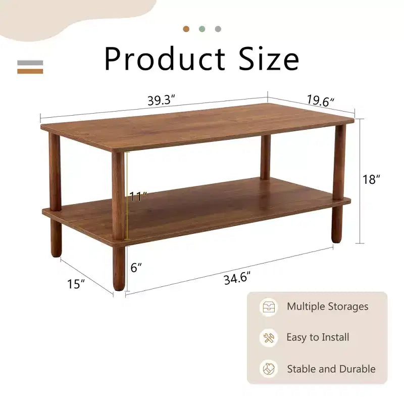 Fun little toys brand Table basse moderne à 2 niveaux pour salon, table basse rectangulaire avec étagère de rangement ouverte, en bois d'hévéa arrondi