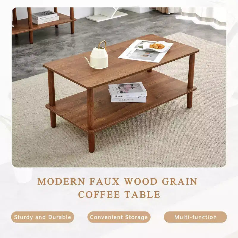 Fun little toys brand Table basse moderne à 2 niveaux pour salon, table basse rectangulaire avec étagère de rangement ouverte, en bois d'hévéa arrondi
