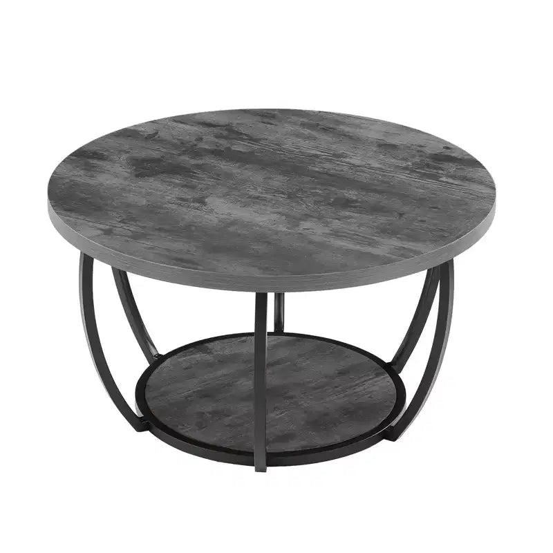 Table basse de la marque Fun little toys, table basse ronde moderne, bureau central rond en bois à 2 niveaux avec rangement ouvert, métal robuste et minimaliste