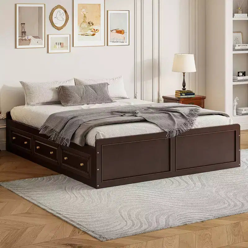 FAMYYT Lit plateforme en bois queen size avec 6 tiroirs, pas besoin de sommier, montage facile, couleur expresso
