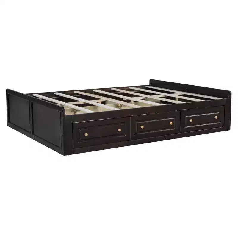 FAMYYT Lit plateforme en bois queen size avec 6 tiroirs, pas besoin de sommier, montage facile, couleur expresso