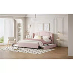 Lit plateforme rembourré queen avec tête de lit à oreilles, lit gigogne simple et 2 tiroirs, rose
