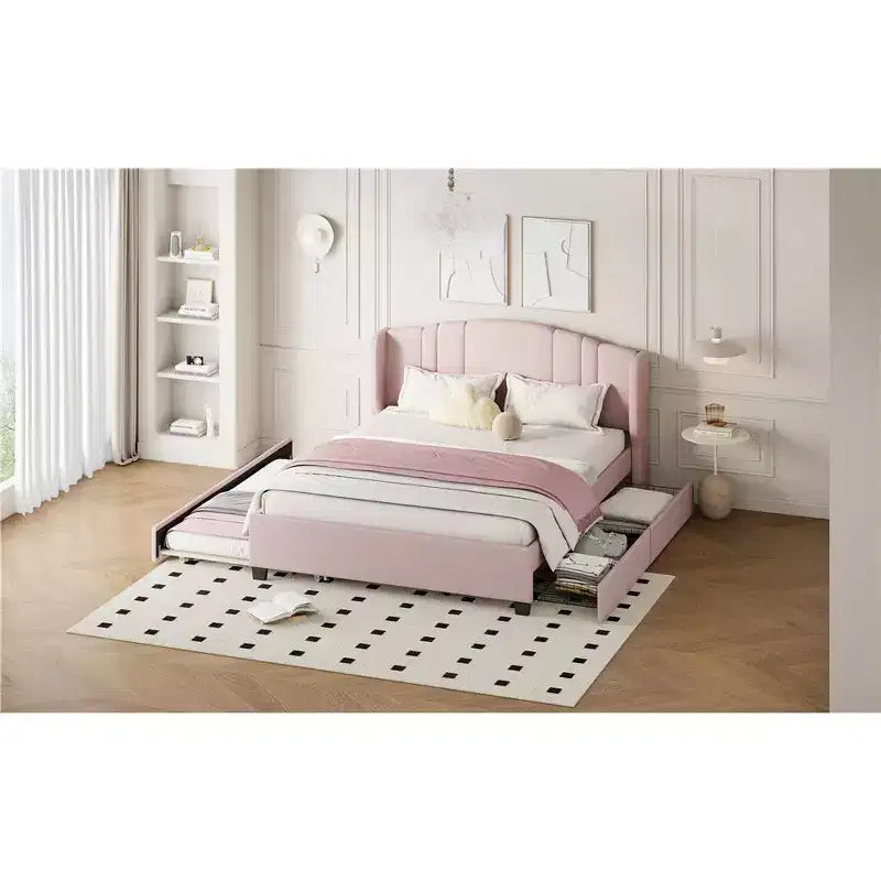 Lit plateforme rembourré queen avec tête de lit à oreilles, lit gigogne simple et 2 tiroirs, rose