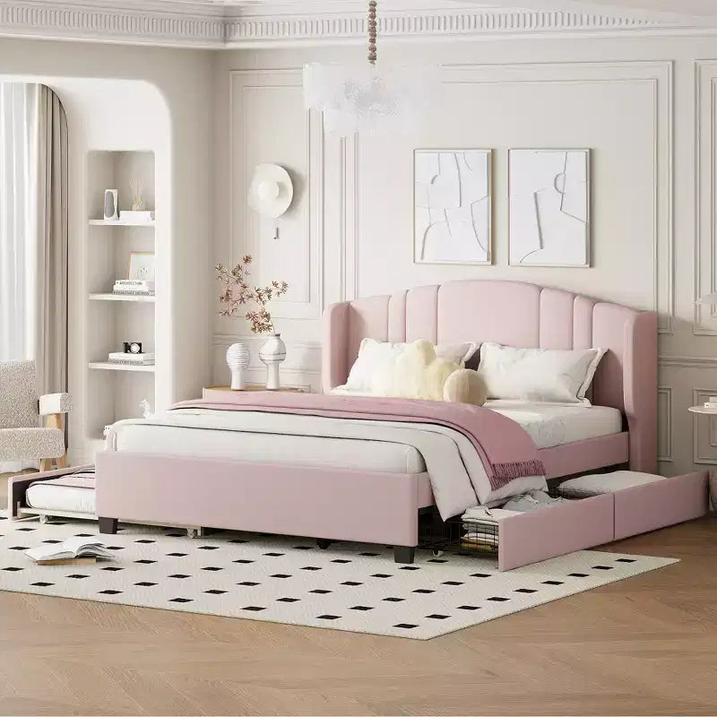 Lit plateforme rembourré queen avec tête de lit à oreilles, lit gigogne simple et 2 tiroirs, rose
