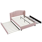 Lit plateforme rembourré queen avec tête de lit à oreilles, lit gigogne simple et 2 tiroirs, rose
