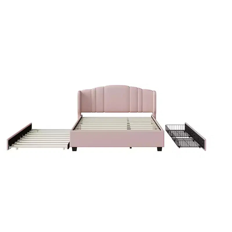 Lit plateforme rembourré queen avec tête de lit à oreilles, lit gigogne simple et 2 tiroirs, rose