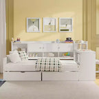 Wooden L-Shaped Daybed with 7 Storage Cabinets, 2 Drawers, Desk and Bookshelf, White