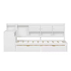 Lit de repos en forme de L en bois avec 7 armoires de rangement, 2 tiroirs, bureau et étagère, blanc