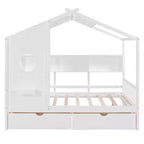 Lit cabane en bois avec 2 tiroirs et étagère de rangement pour enfants, blanc