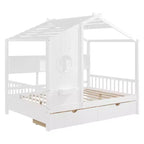 Lit cabane en bois avec 2 tiroirs et étagère de rangement pour enfants, blanc